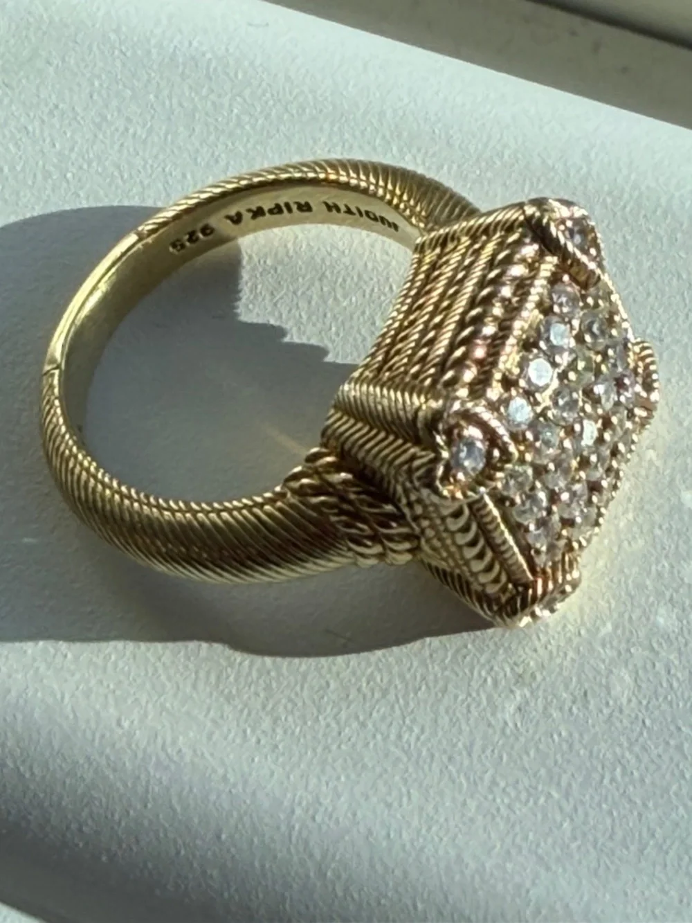 Vtg Judith Ripka 925 Sterling Gold Tone Cz stunning cocktail r with Heart Accent